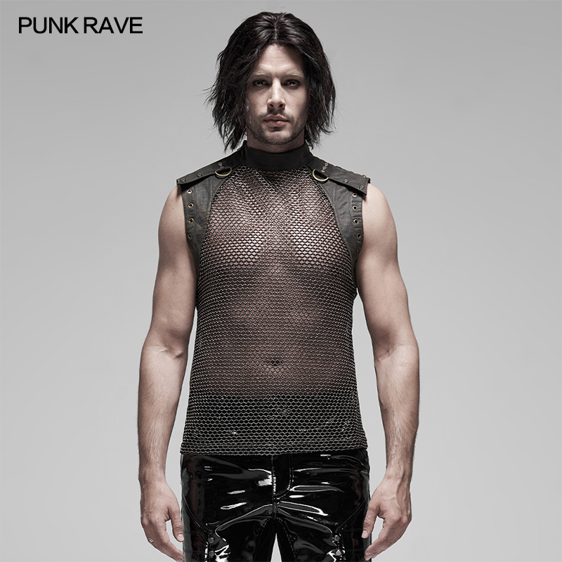 Punkrave Punk Mesh Vest See-Through Sleeveless Top Men's Performance Clothing Nightclub Electronic Music Festival Stage Clothing