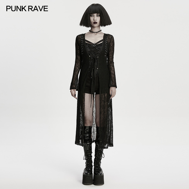 Punk Style Black Long Coat for Women, Niche Design, Dark Style Sun Protection Cardigan, Sexy Hollow-Out Top, Trendy Punk Style Black Long Coat for Women, Niche Design, Dark Style Sun Protection Cardigan, Sexy Hollow-Out Top, Trendy
