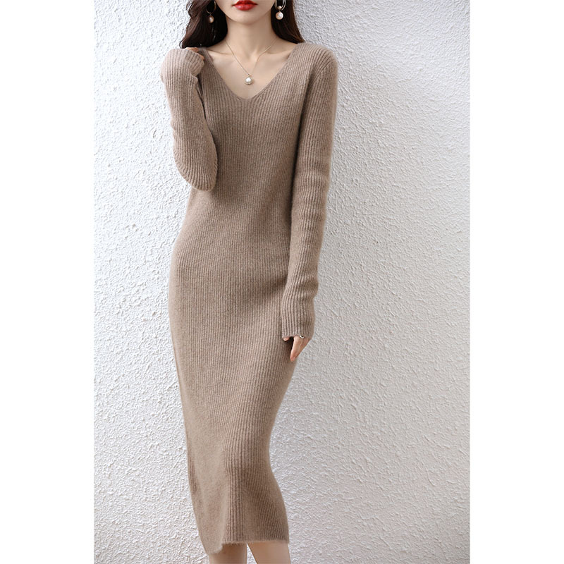 100% Pure Wool Dress V Neck Women's Slim Knitted Over-The-Knee Long Skirt Extra Long Hip-Hugging Tight Sweater Dress 100% Pure Wool Dress V Neck Women's Slim Knitted Over-The-Knee Long Skirt Extra Long Hip-Hugging Tight Sweater Dress