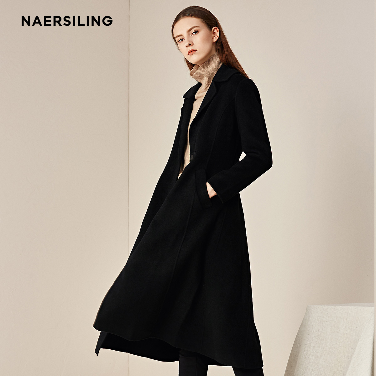 NAERSILING ENLING Cashmere Coat DÀI THU / ĐÔNG MỚI dài đến đầu gối hai mặt áo khoác len