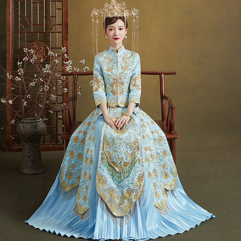 Blue Show and Bride 2022 New Chinese Wedding Dresses Wedding Dresses Dragon Crested Chinese Wind and Slim Show