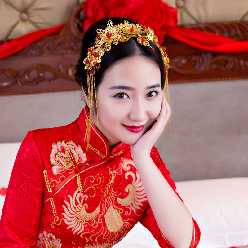 Dragon Mannissee Bride Golden Hair Accessories Ancient Clothing Show and Head Decorated Chinese Longfeng Hanging Toast with Wine Suit Accessories