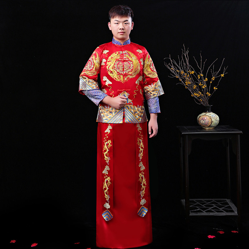 Men's show and groom Chinese style gown new wedding show and retro toast Longfeng articulated pro-suit men's clothing