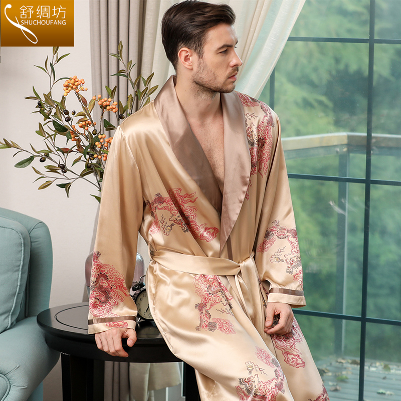 Shu silk square heavy silk pajamas Men's long-sleeved Mulberry silk nightgown Bathrobe Morning robe Home wear Spring and autumn and summer