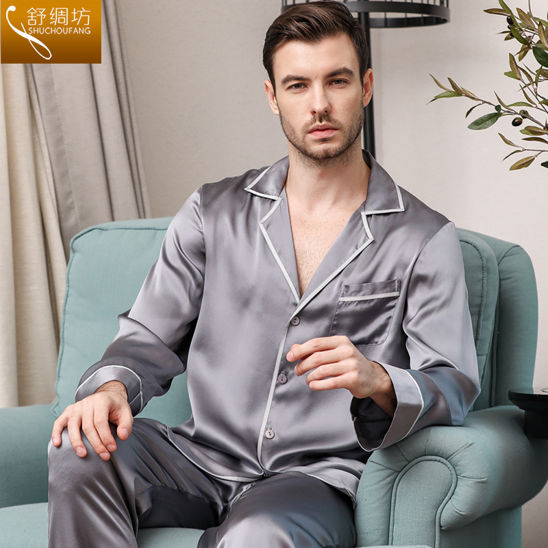 Shu Silk Square heavy silk pajamas men's long-sleeved trousers silkworm silk home clothing two-piece set spring and summer