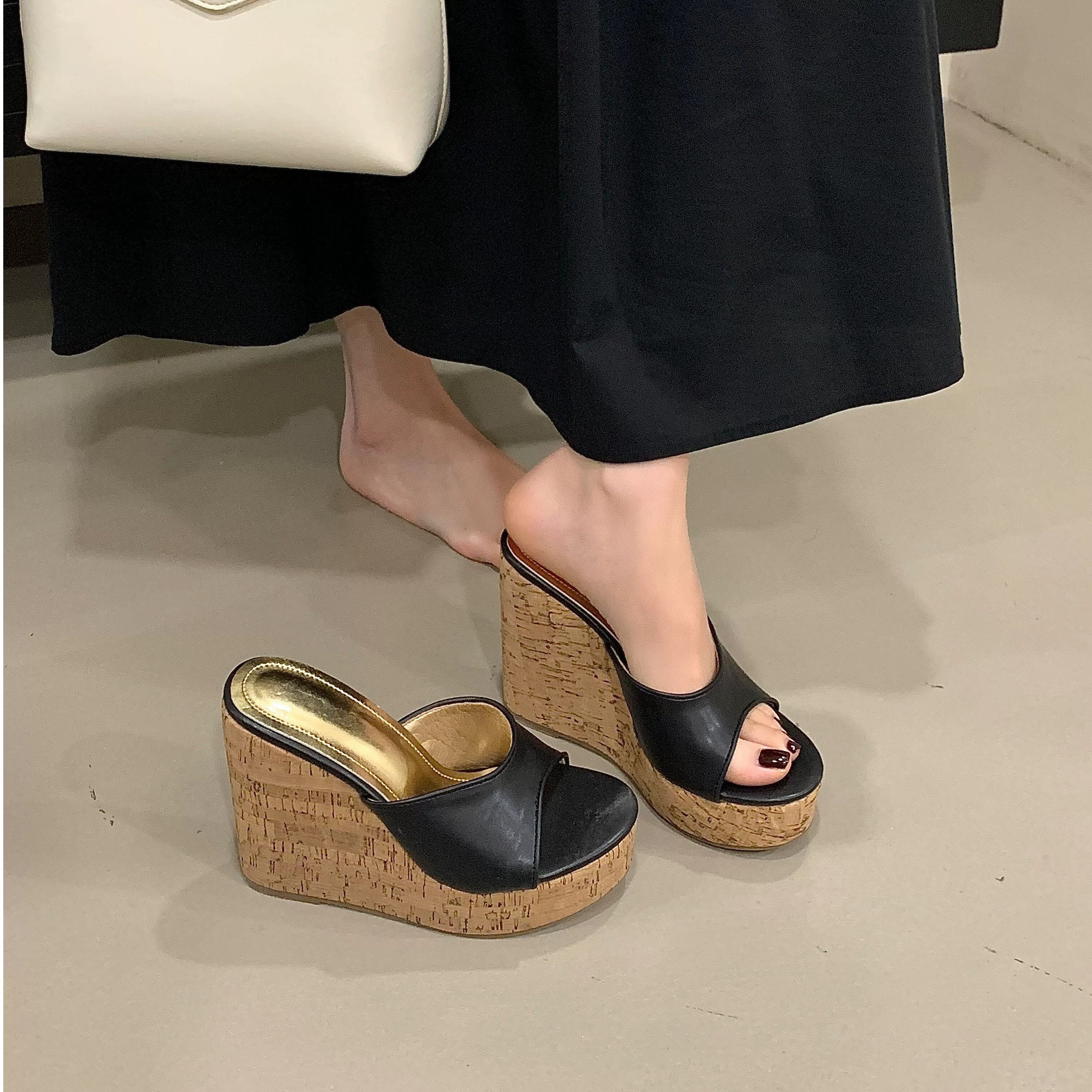 Джинсовые 12-см платформенные сандалии в виде клина для женщин,Spring/Summer 2026, деревянная платформа, открытый носок, высокие каблуки