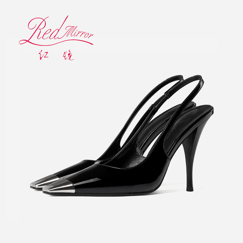 2026 New Model Park Chae Young Same Style High Heels Black Patent Leather Stiletto Metal Square Toe Single Shoes Closed-Toe Sandals for Women