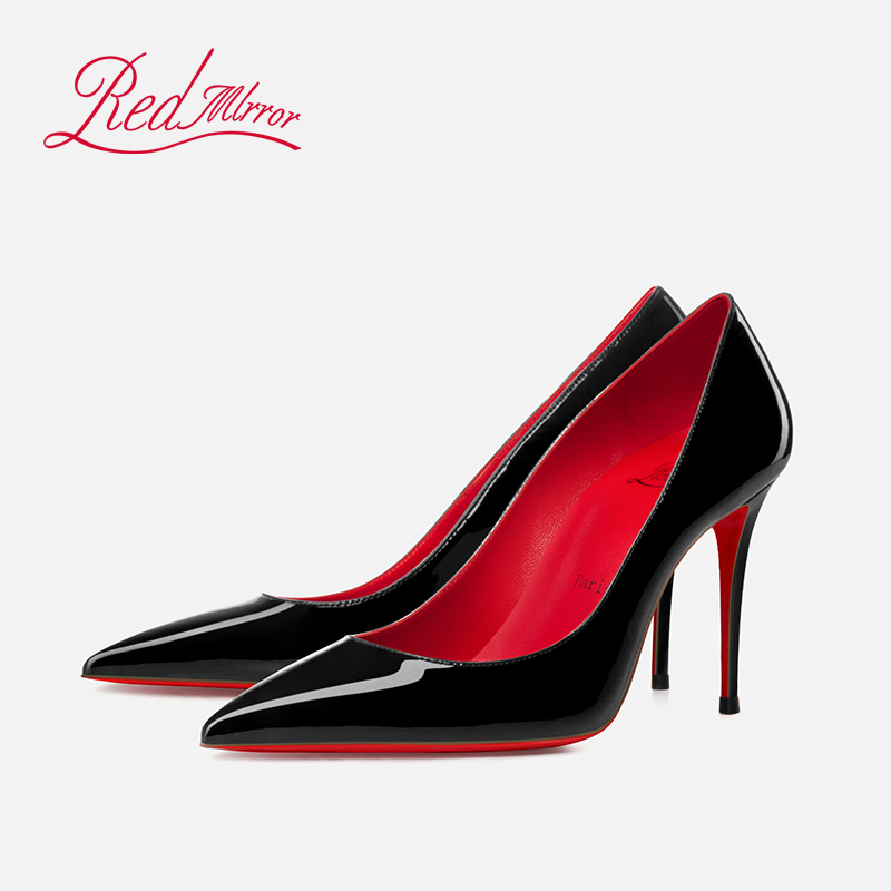 Red Mirror Pointed Toe Shallow Mouth Stiletto Sexy Red Sole High Heels Red Lining Single Shoes Black Patent Leather Professional Genuine Leather Work Shoes