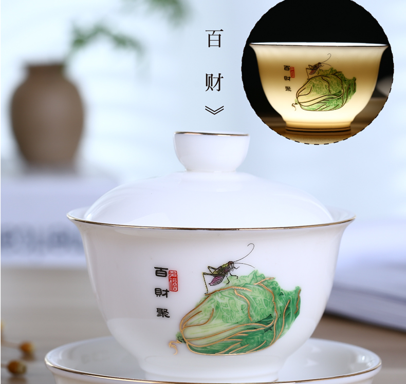 White porcelain tureen jade porcelain kung fu tea set suet jade three ceramic cups to paint three cups to make tea bowl to bowl