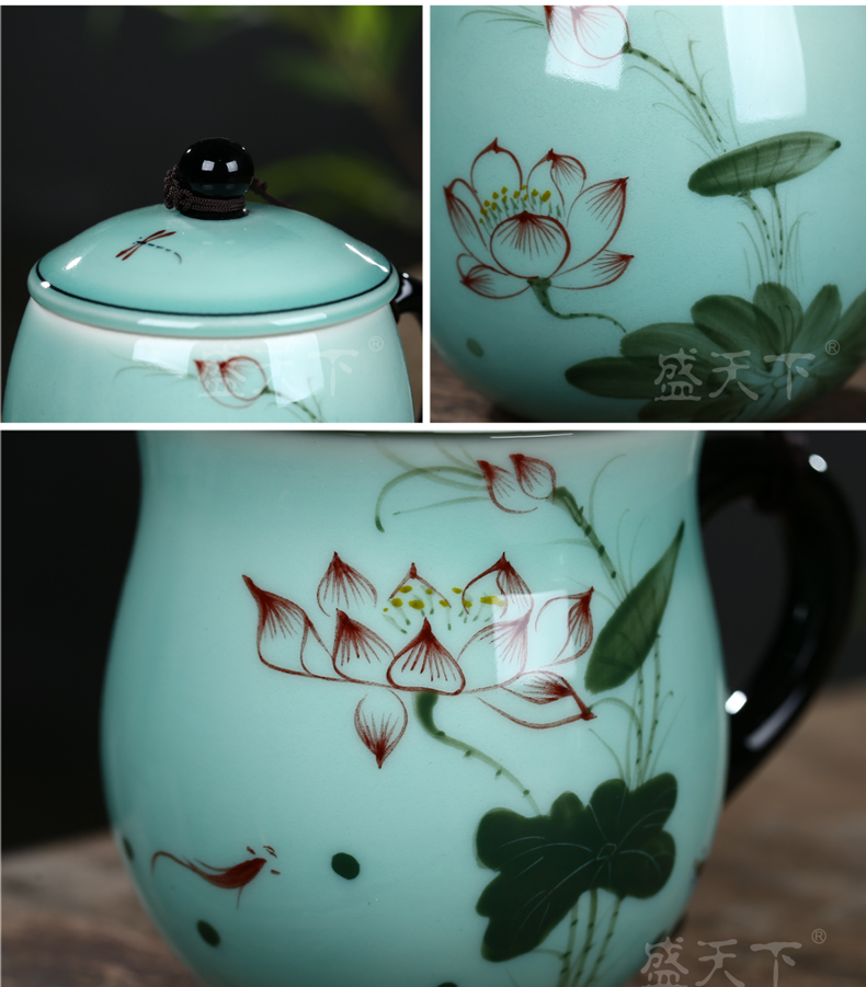 Large capacity ceramic cup with cover the boss celadon hand - made personal office gift cups cup cup single cup tea cup