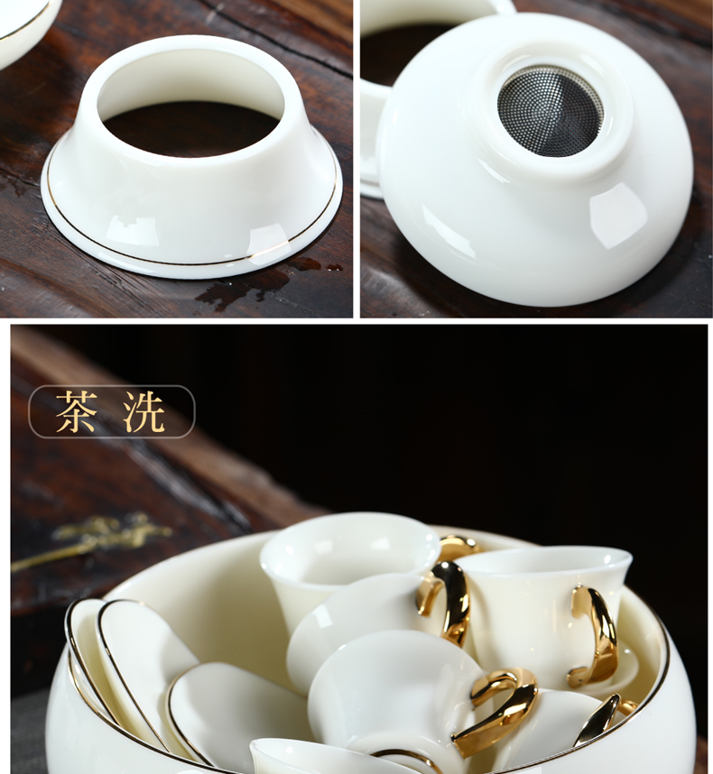 Suet jade porcelain kung fu tea set suit household white porcelain cup sample tea cup hot tureen teapot proof of a complete set of gift boxes