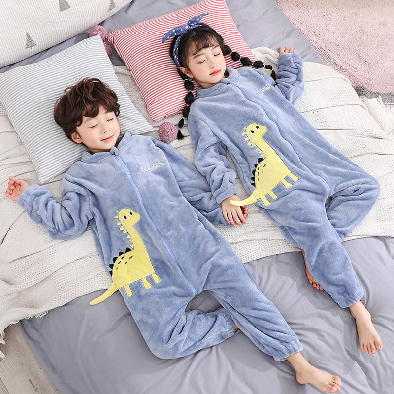 Children's One-Piece Pajamas for Autumn and Winter, Flannel Baby Sleeping Bag, Boys' Coral Fleece Thick Style, Anti-Kick and Cold-Proof for Boys and Girls