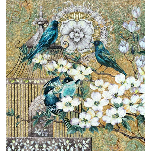 Сорока Денг Мейкси на кончиках сливы, яркие фона хрустальных стеклянных стен