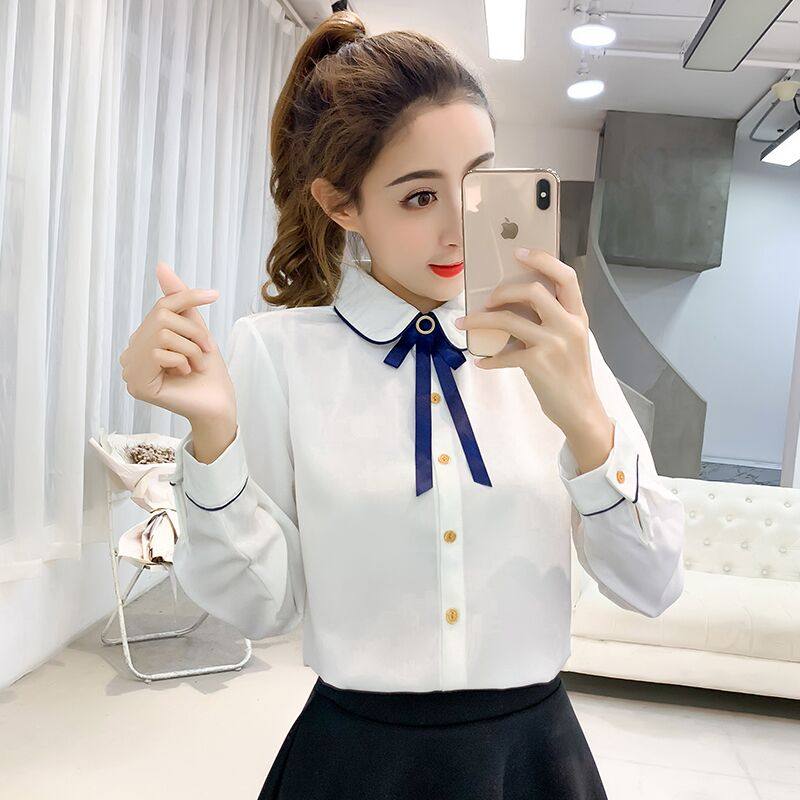 Spring and autumn new bowknot large size long-sleeved chiffon shirt women's all-match temperament white shirt slim top bottoming shirt