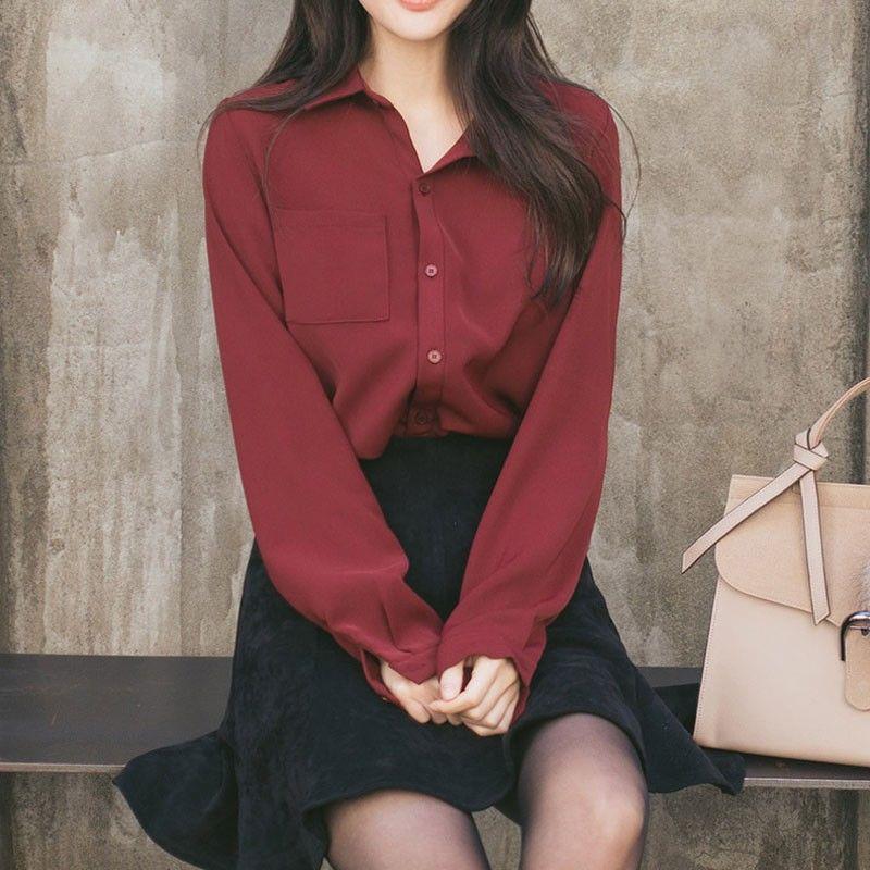 Wine Red Snowspun Shirt Woman Black Plus Suede Long Sleeve Warm Winter Korean Version Loose Long Sleeve Thickened White Shirt Woman