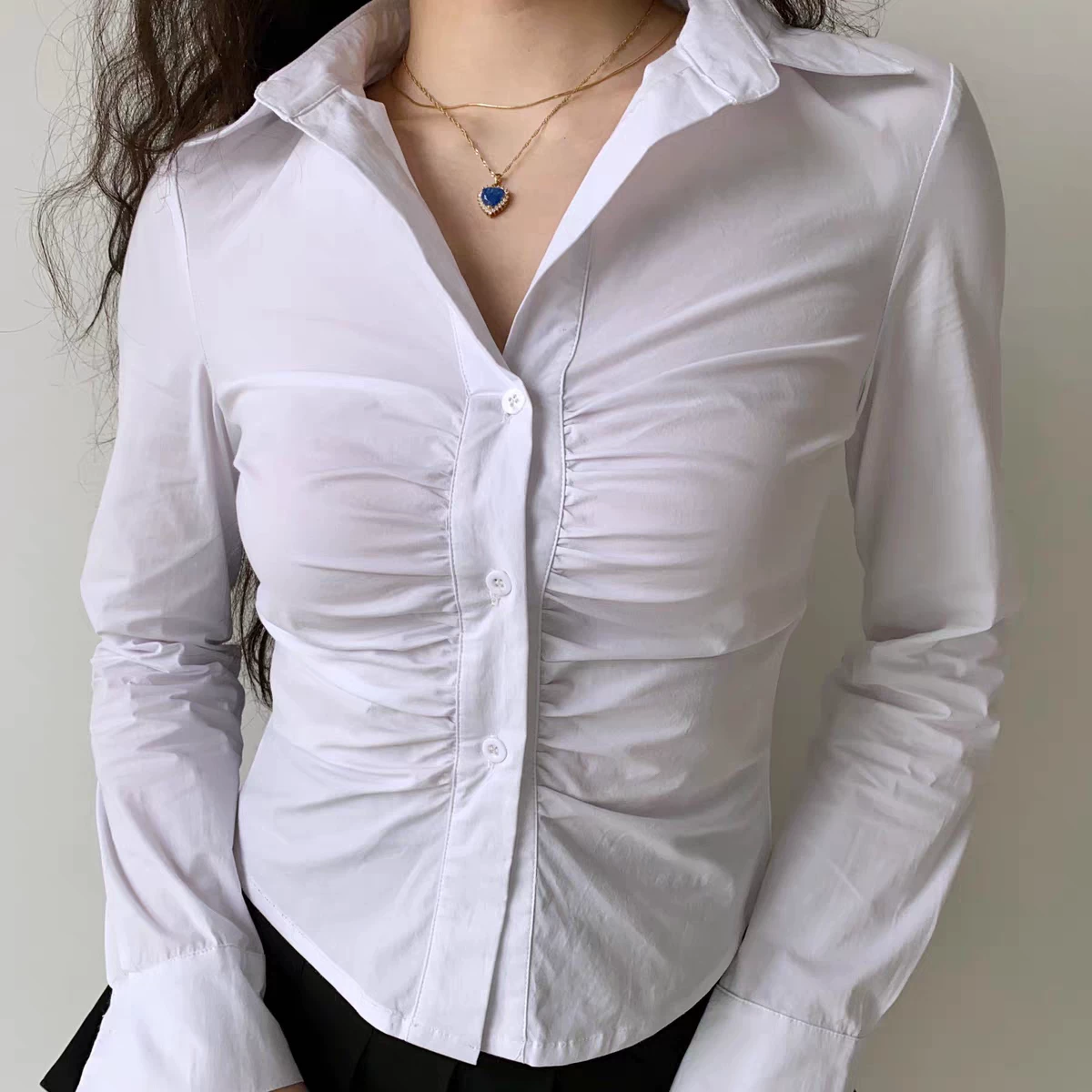 Pure lust-style pleated design, slim and versatile waist-cinching shirt, women's tops, 2024 autumn new style, discreet and chic shirt