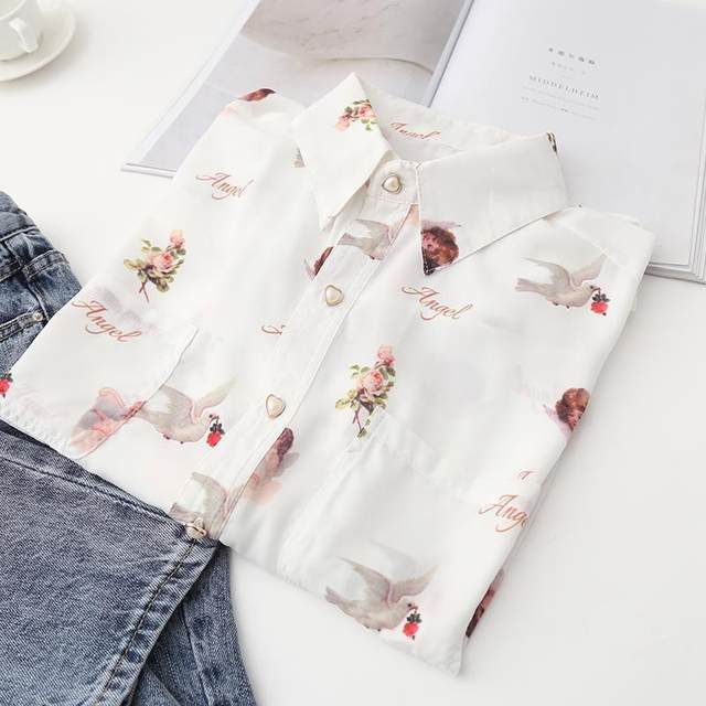 ໂຄມໄຟຍີ່ປຸ່ນ sleeve angel print BF style retro Hong Kong style girl design shirt top long sleeve chiffon shirt