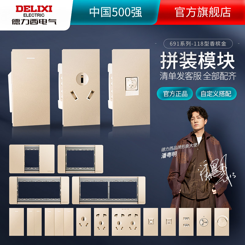 Delixi 118 type gold socket switch concealed three-five hole module one two three four panel free combination