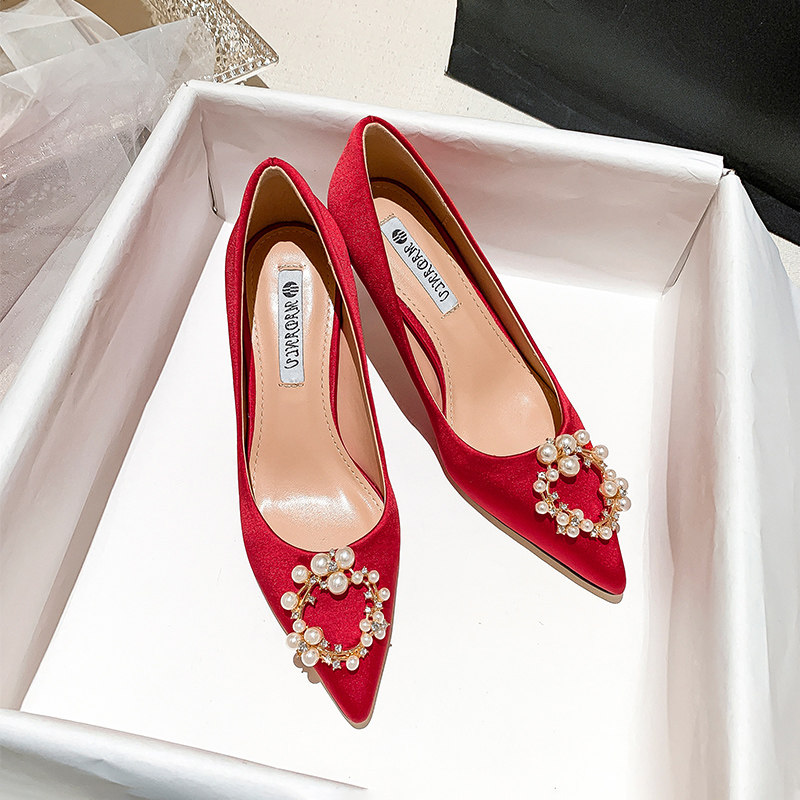 Satin red wedding shoes bride Chinese Xiuhe clothing pregnant woman married toast shoes in the heel 5cm not tired bridesmaid