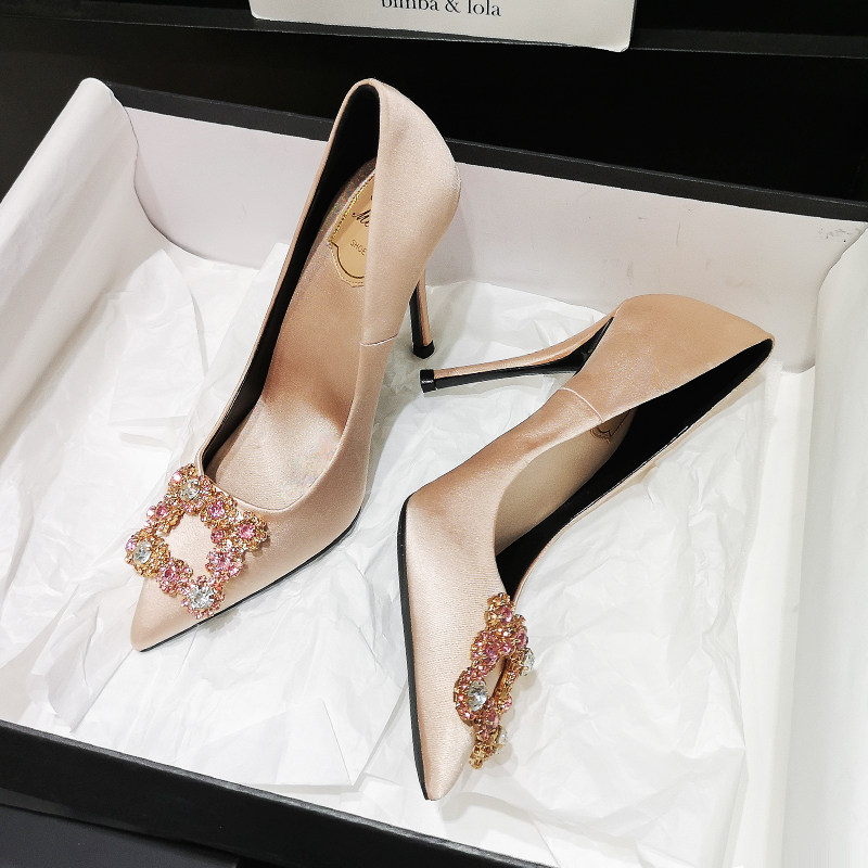 Satin Champagne High Heels Skin Heels RV Drill Draw Wedding Shoes Bride Shoes Wedding Shoes