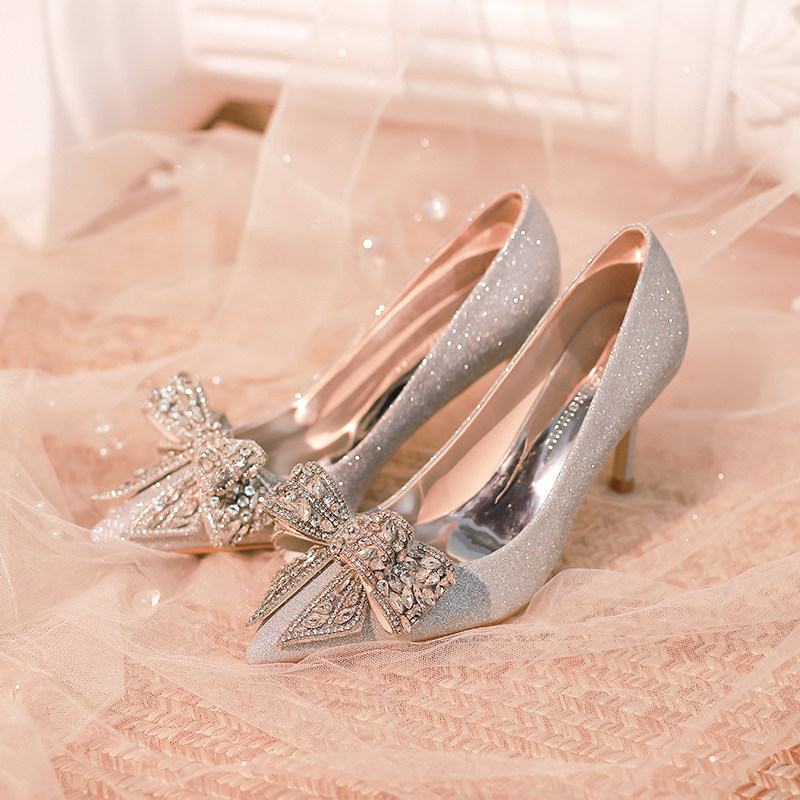 French light luxury crystal shoes niche high-end temperament bow high-heeled shoes wedding shoes main wedding dress bridal shoes