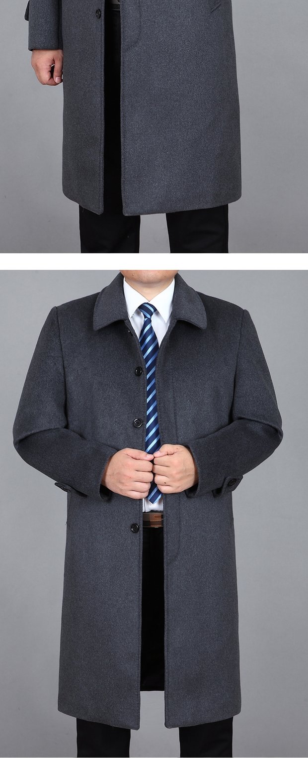 Mô hình mùa đông áo khoác len trung niên, cha dài hạn nam, áo khoác cashmere, áo khoác đầu gối, dày nhung và phân bón áo gió 1 lớp cho nam