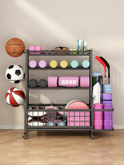 Sports and Fitness Equipment Storage Rack, Home Basketball Rack, Kettlebell Dumbbell Rack, Foam Roller Yoga Mat Storage Rack with Wheels