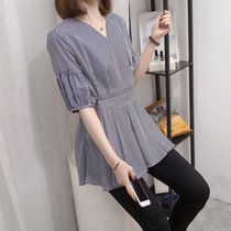 2021 summer dress new large size half sleeve V collar loose waist heart machine Top slightly fat sister fashion thin shirt