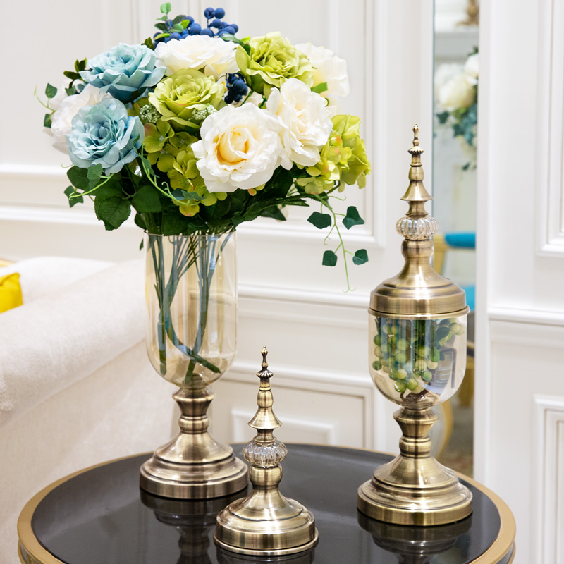 European vase decoration Living room flower arrangement simulation flower glass home decoration decorative plate Simple dining table Living room decoration
