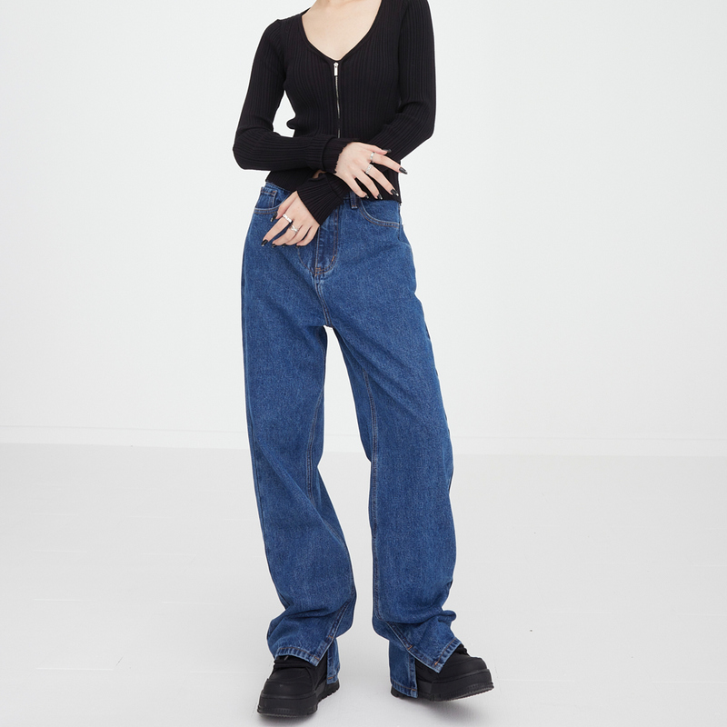 Ktone Spring and Summer New Denim Blue Loose Jeans for Women, Slimming Slit Wide-Leg Pants, Straight Long Trousers