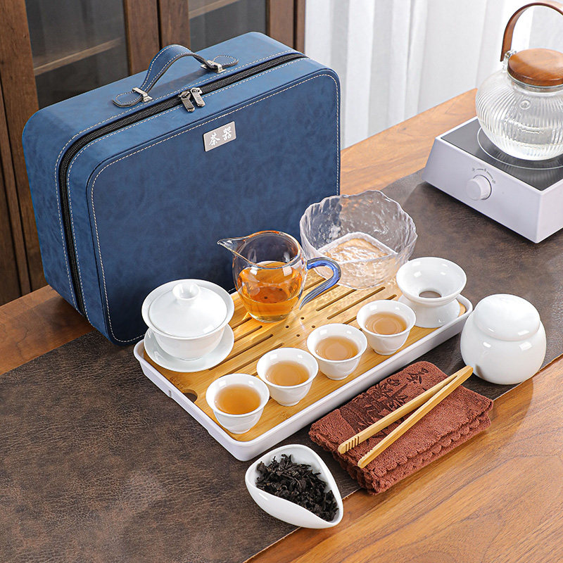 Gaiwan travel kung fu tea set small set household simple teapot ceramic tea cup outdoor tea tray portable bag