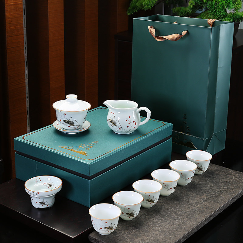 Dehua White Porcelain Kung Fu Tea Set Home Vintage Jade Porcelain Tea Cover Bowl Teapot Tea Cup Ceramic Gift Box Logo