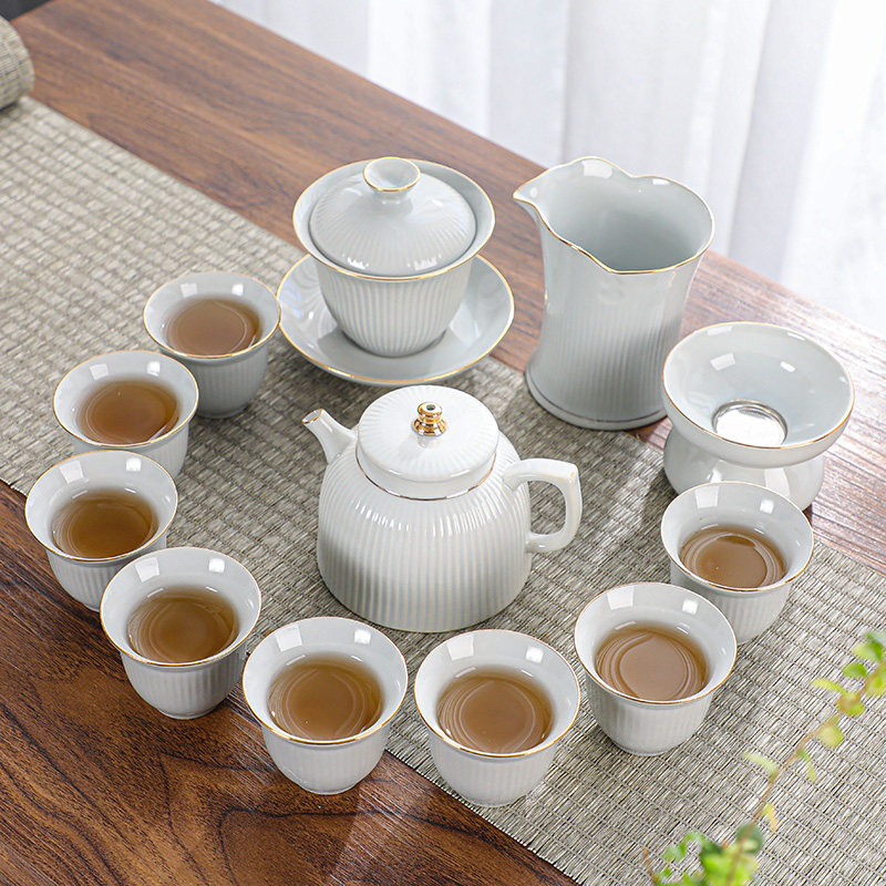 Tea set ceramic cover Bowl Tea Cup Teapot Teapot Home Sketching Brief Chinese Light Lavish Retro Big Suit Grass Wood Ash