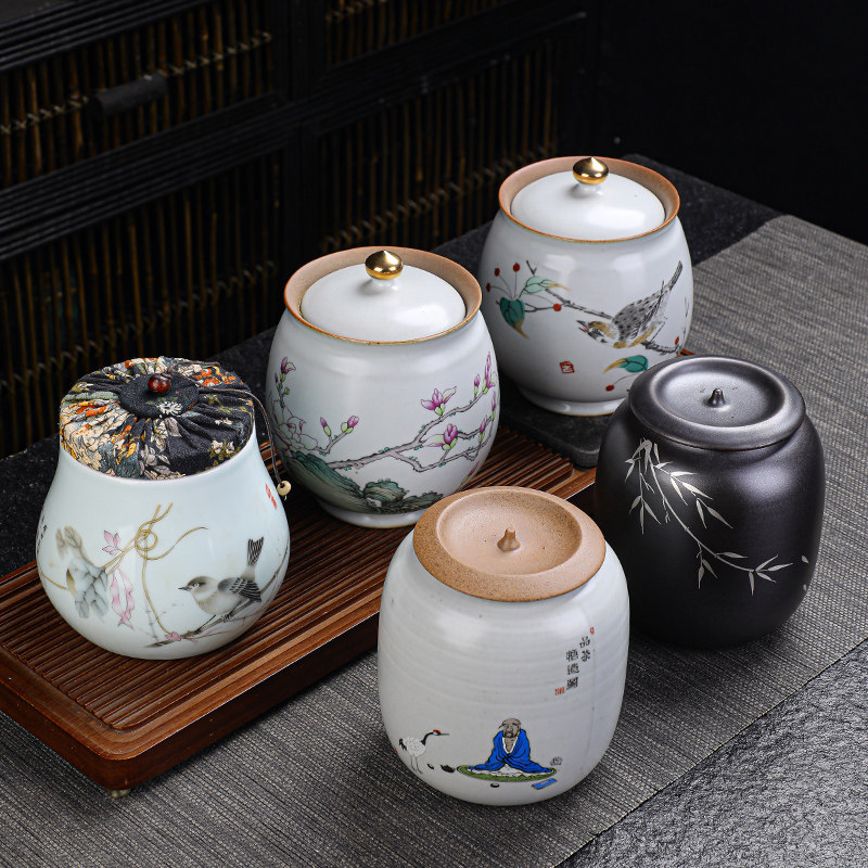 Tea Leaf Jar Gift box Embroidery Cloth Art Rukiln open sheet Ceramic Seal Pot Tea Pot packaging box Tea Large number portable
