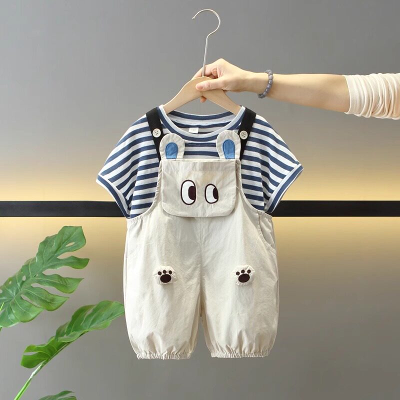Stylish Boys Suspenders Set | Striped Short Sleeve Top + Adjustable Overalls | Toddler Two-Piece Summer Outfit for Little Boys 2-7 Years