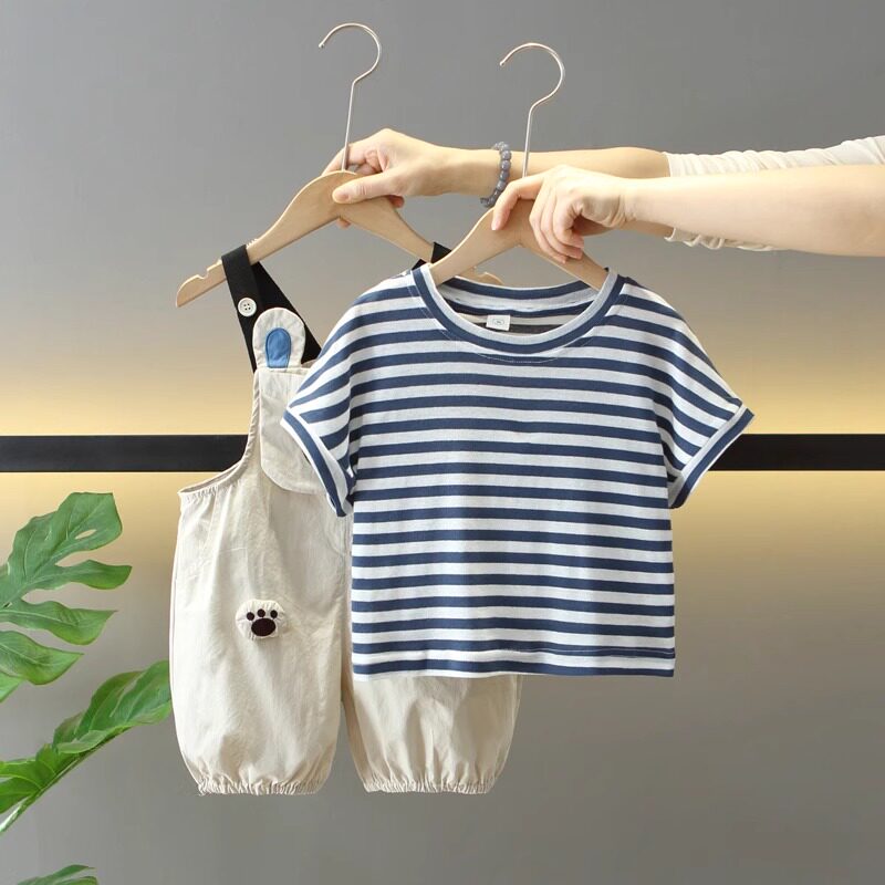 Stylish Boys Suspenders Set | Striped Short Sleeve Top + Adjustable Overalls | Toddler Two-Piece Summer Outfit for Little Boys 2-7 Years - Image 2