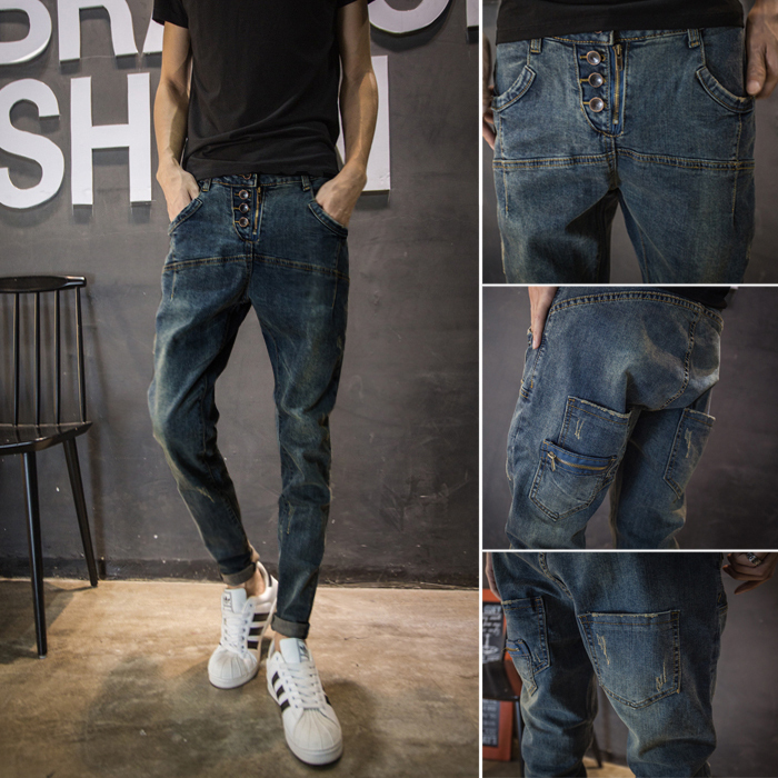 Spring and Autumn Trendy Men's Single-Breasted Jeans, Men's Long Pants, Loose Harem Tapered Jeans, Men's Retro Vintage Tapered Jeans