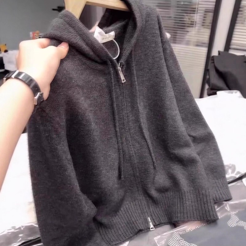 Plus-Size Lazy Gray Double-Zip Hooded Sweater Jacket for Women 2026 Spring Loose Knit Cardigan Top for Chubby Girls