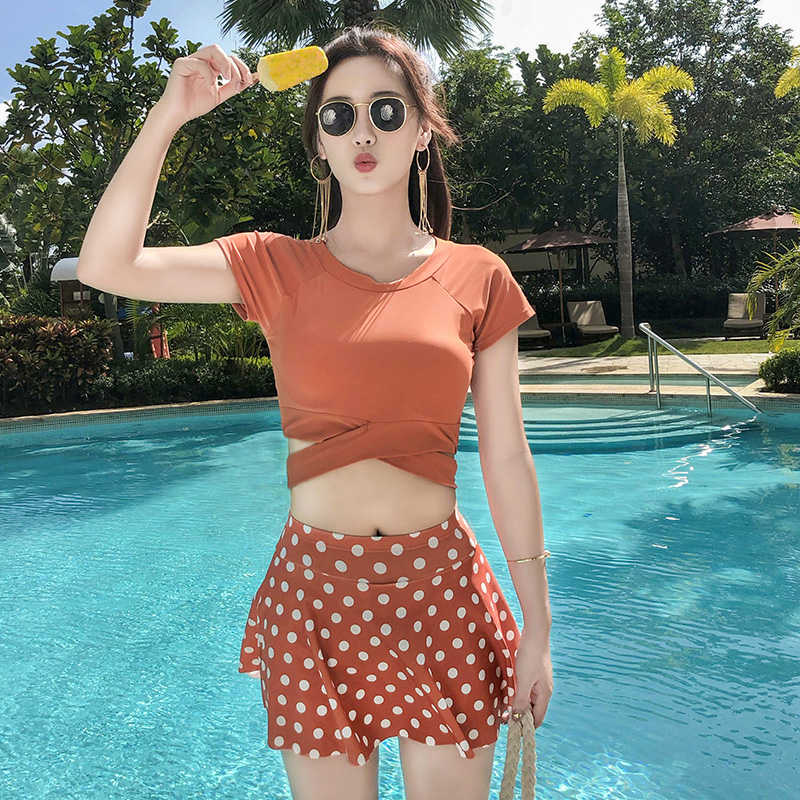 Swimsuit Ladies Two-piece Conservative 2021 New Style Covering Belly and Showing Thin Sports Large Size Fairy Fan Flat Angle Spa Skirt