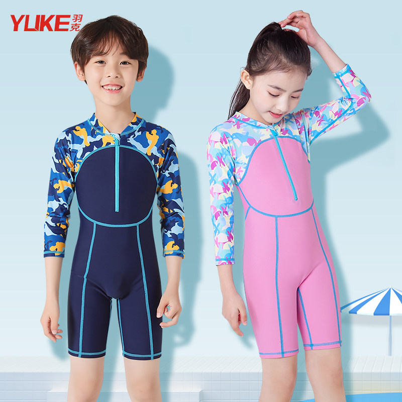 Children's swimsuit camouflage long sleeve short sleeve conjoined flat corner boys and girls Big children sunscreen fashion swimming hot spring swimsuit