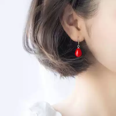 s925 silver retro red earrings female simple Chinese red water drop shaped beezels synthetic pearl ear hanging ear jewelry