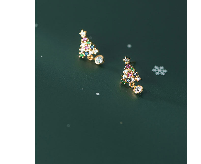 Christmas Tree Pattern Women's Gender 1 Pair 925 Sterling Silver Zircon Christmas Tree Ear Studs