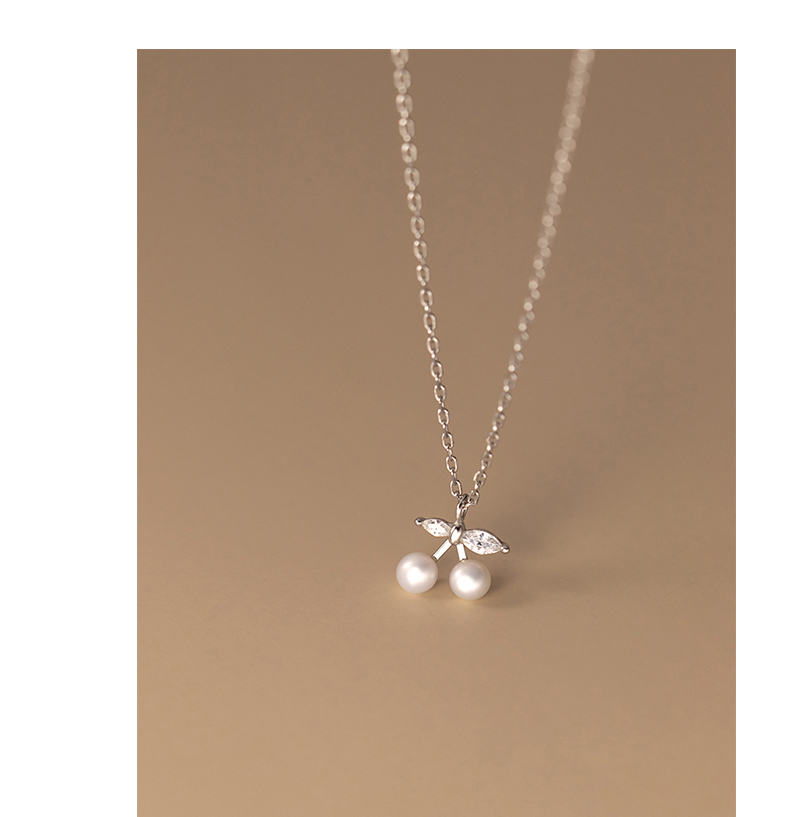925 Sterling Silver Pearl Zircon Cable Chain Inlay Cherry Pendant Necklace display picture 1