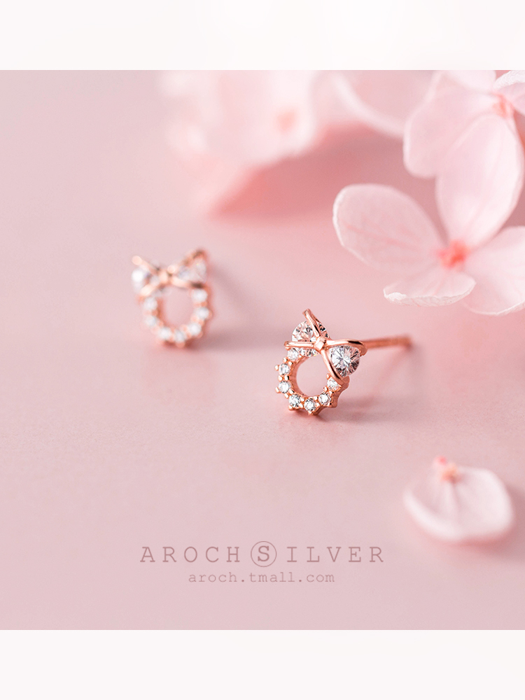 Love Rocky s925 silver ear stud female Korean version small fresh full diamond round cute bow small ear jewelry