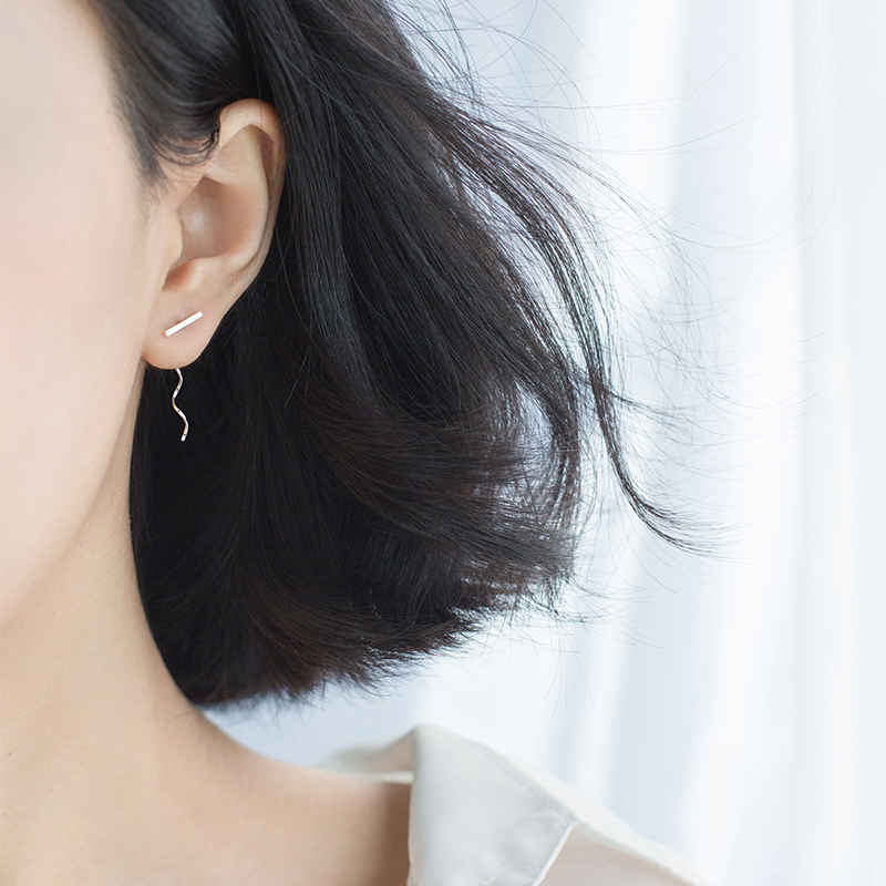 Love Rocky s925 silver ear line female Japanese and Korean style personality word wave earrings simple earrings earrings jewelry