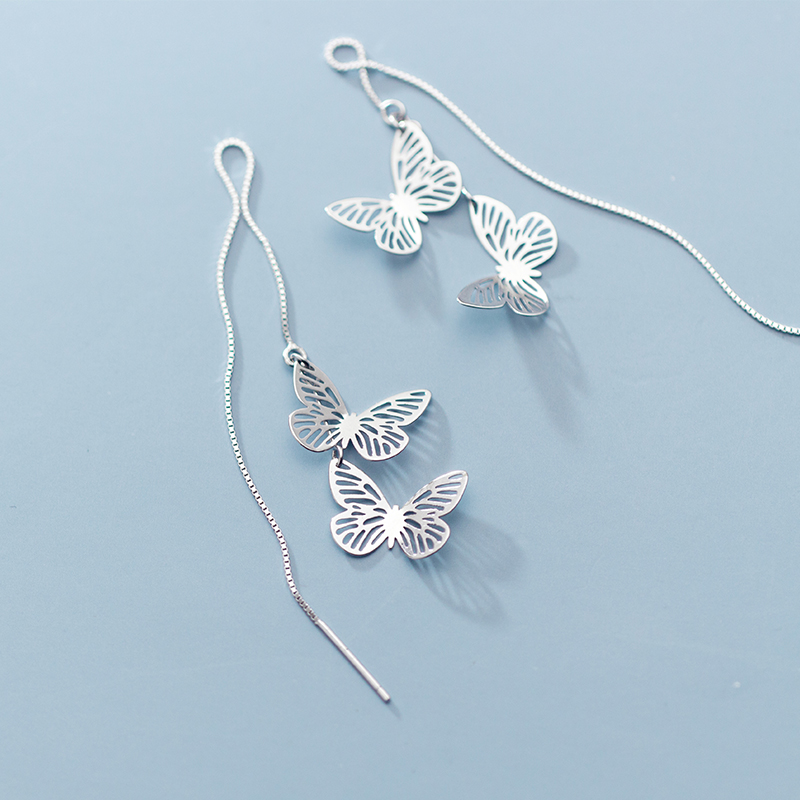 Love Lotch s925 Silver Sen Ensemble Sweet Hollowed-out Butterfly Ear Necklace Brief Korean version Long version Fashion refined earthen
