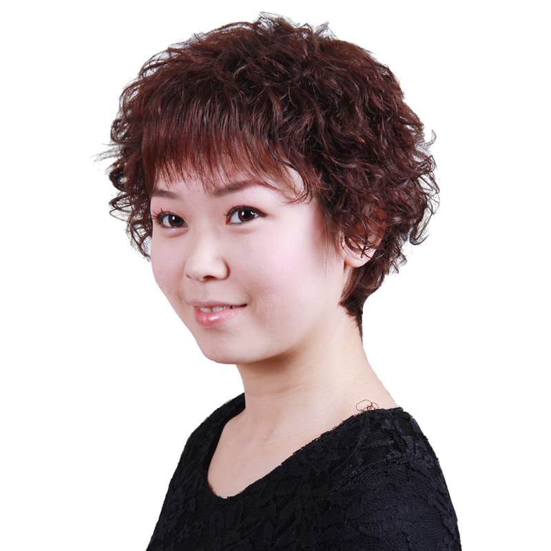 Real hair wig set natural fluffy real hair oblique bangs Fashion female middle-aged short hair short curly hairstyle