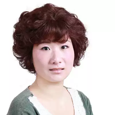  Real hair oblique Liuhai lady's real hair wig Middle-aged and elderly wig set Short curly hair Mom's whole wig