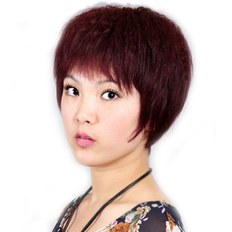 Fashion middle-aged wig Women's headgear Short curly Bangs Real hair Oblique Bangs Short Curly Wig