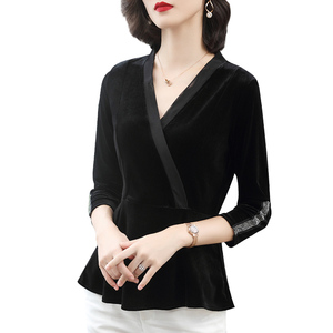 黑色V领秋款上衣长袖修身欧货时尚